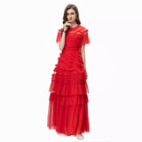 Bangpaice 2024 Spring And Summer New Women's Round Neck Short Sleeve Mesh Yarn Ear Layer Red Banquet Dress Dress